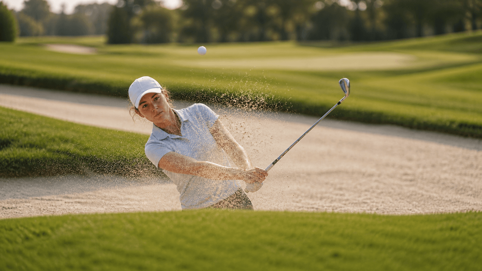 Golfer composed in a bunker, taking a mental reset before the next shot