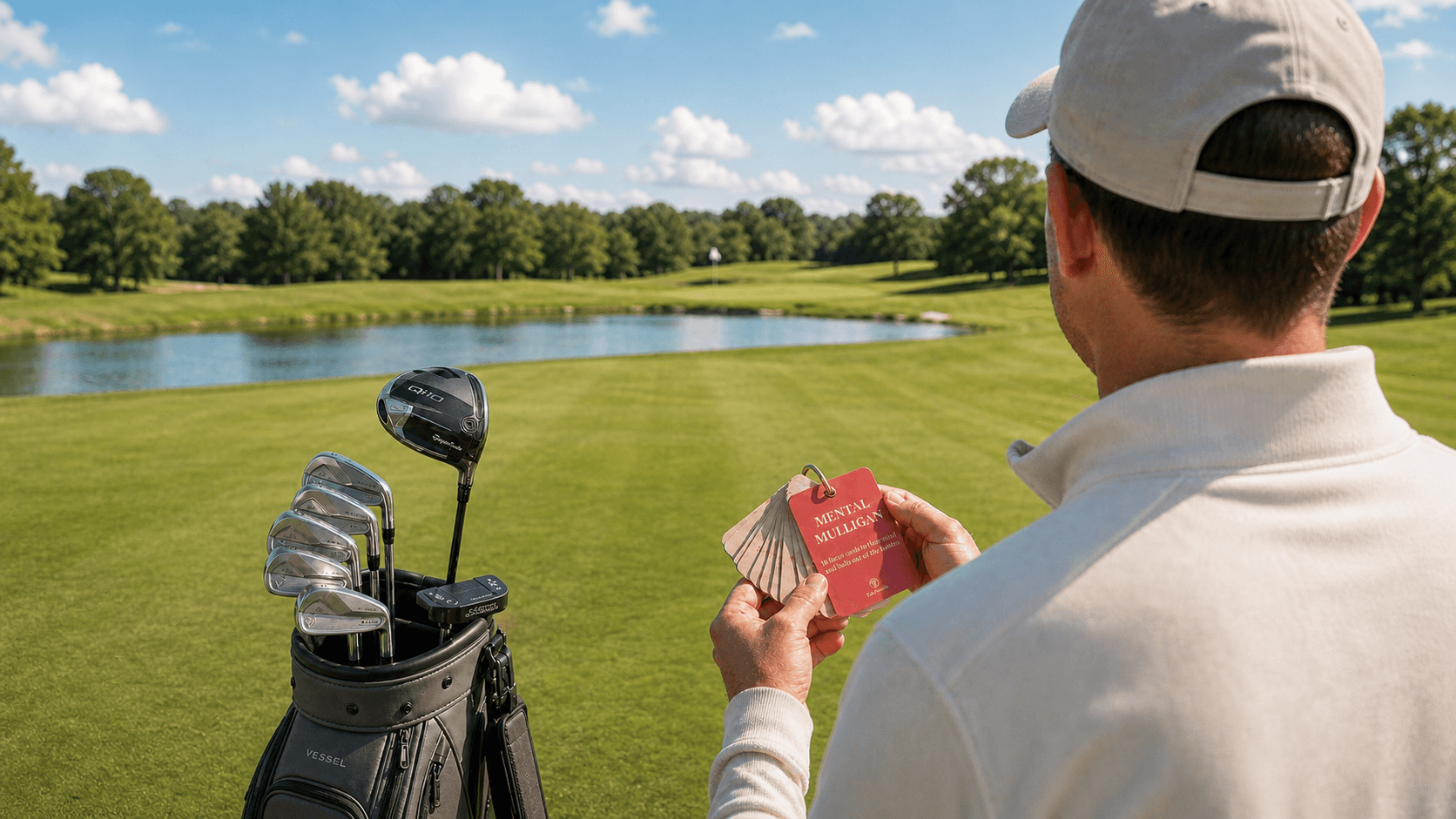 Mental Mulligan deck clipped to a golf bag
