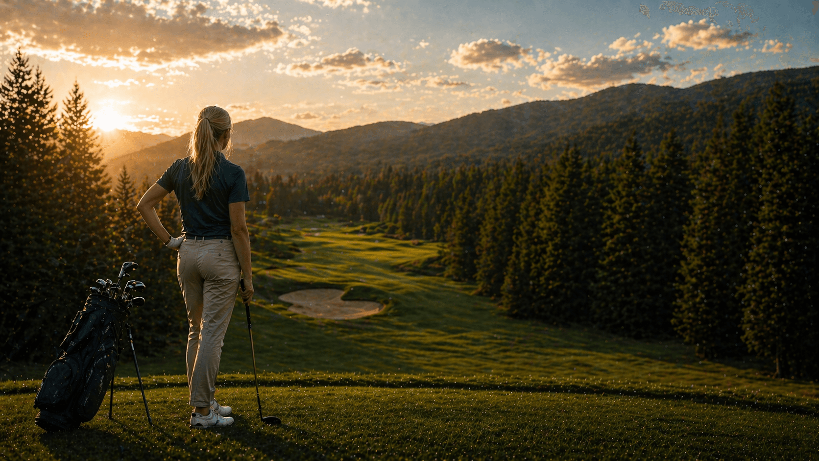 Golfer overlooking a golf course at sunset