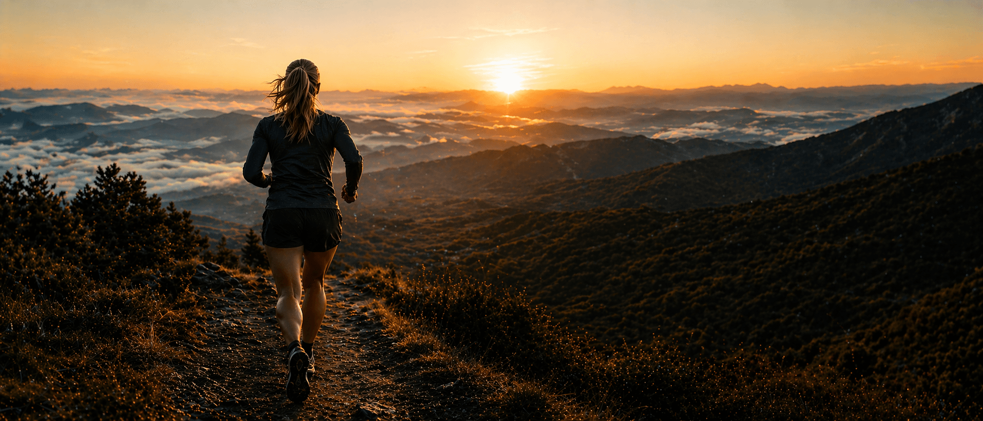 Runner on a mountain trail at sunset