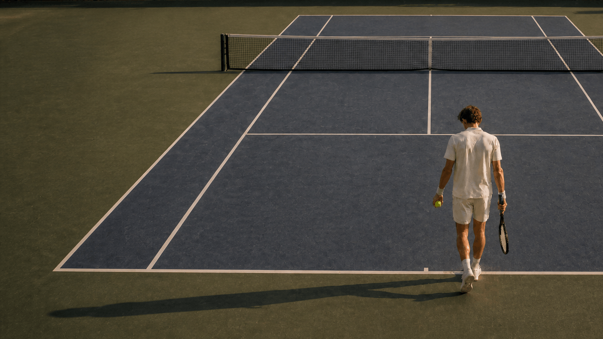 Tennis player walking toward the baseline, ball in hand, ready to serve