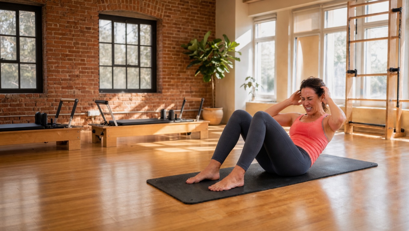 Athlete performing a sit-up in a sunlit studio