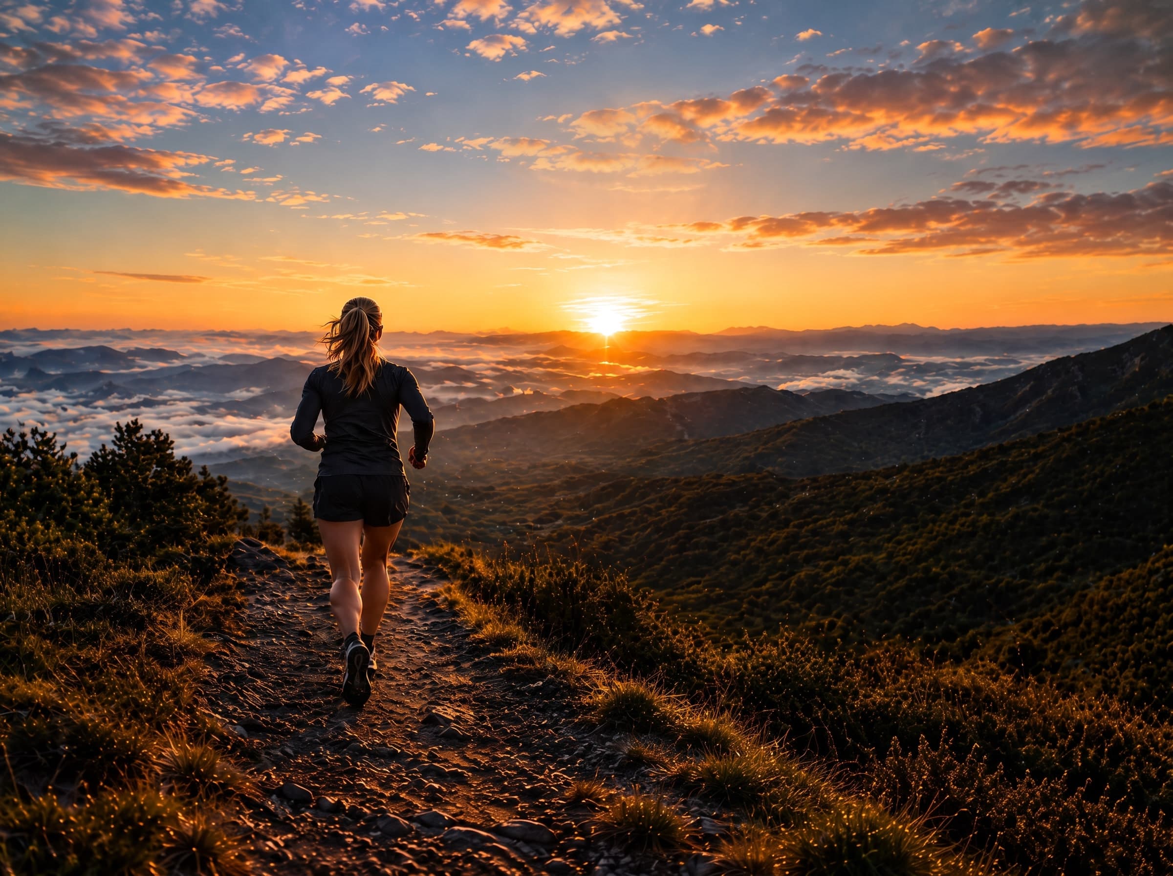 Runner on a mountain trail at sunset