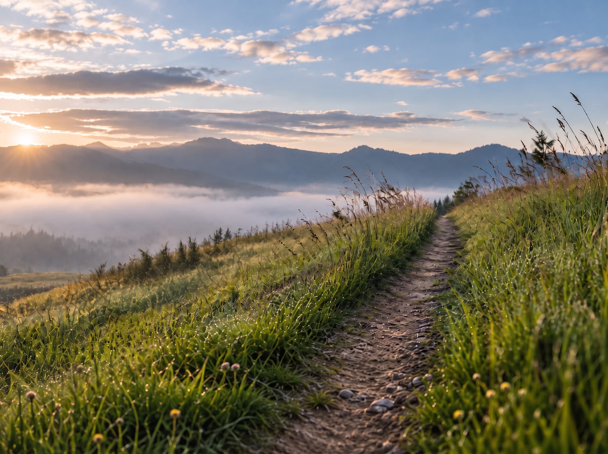 Misty mountain path winding through grass at dawn
