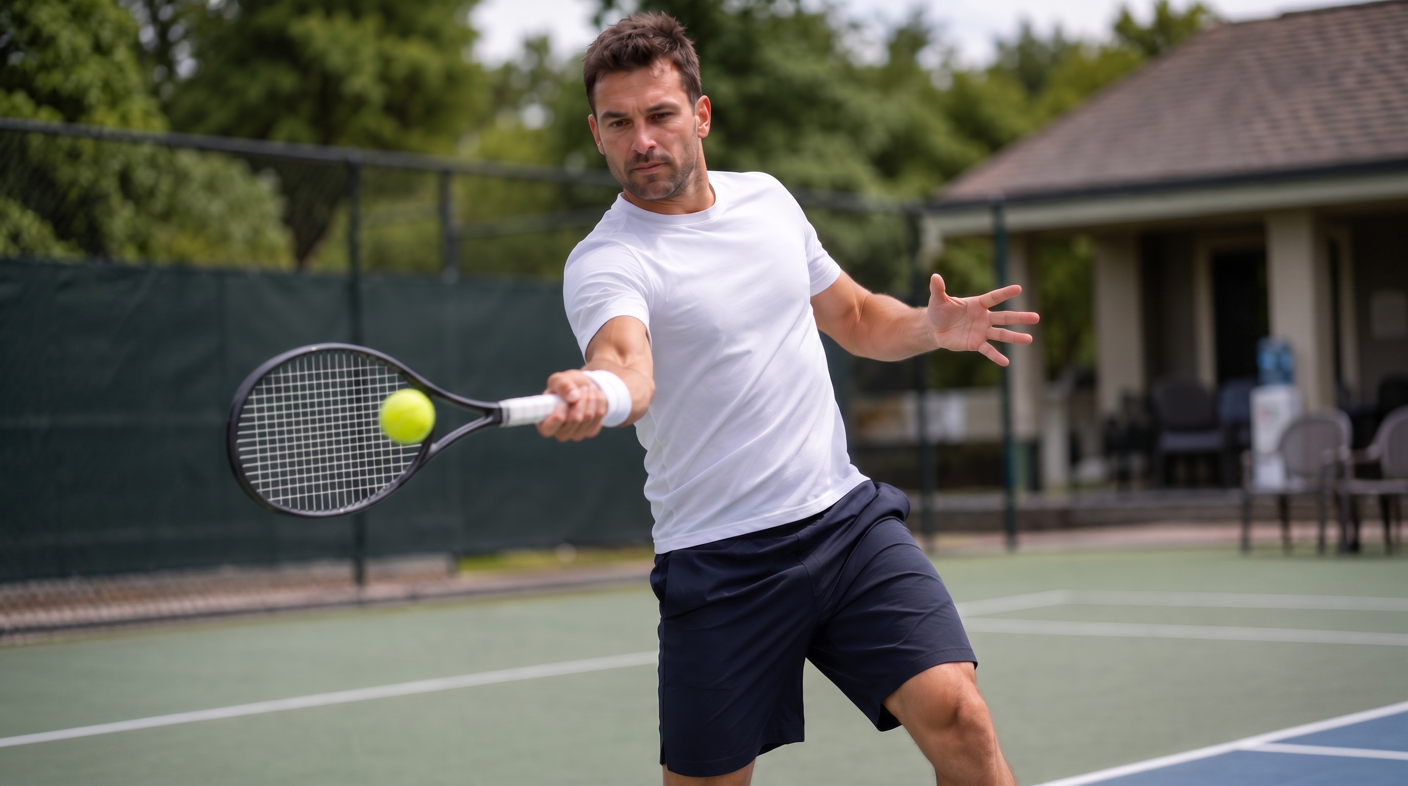 Tennis player following through on a forehand